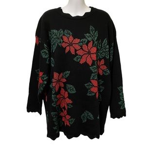 Vintage Holiday Time Metallic Poinsettia Black Christmas Sweater